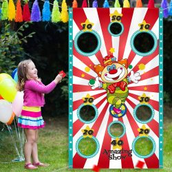 Toptopdeal-fr-Blulu-Fourniture-de-Décoration-de-Fête-de-Carnaval,-8-Trous-Bannière-de-Jeu-de-Lancement-de-Clown-de-Carnaval-avec-3-Sacs-de-Fèves-et-9,8-Pieds-Corde-dans-Activités-de-Fête-de-Carnaval